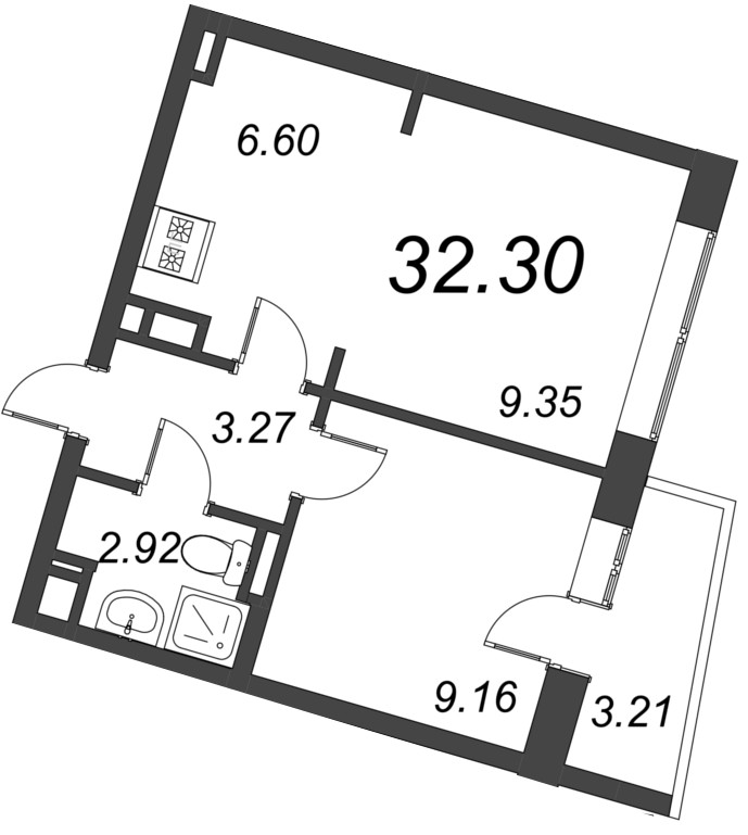 2-комнатная (Евро) квартира, 32.3 м² в ЖК "Курортный Квартал" - планировка, фото №1