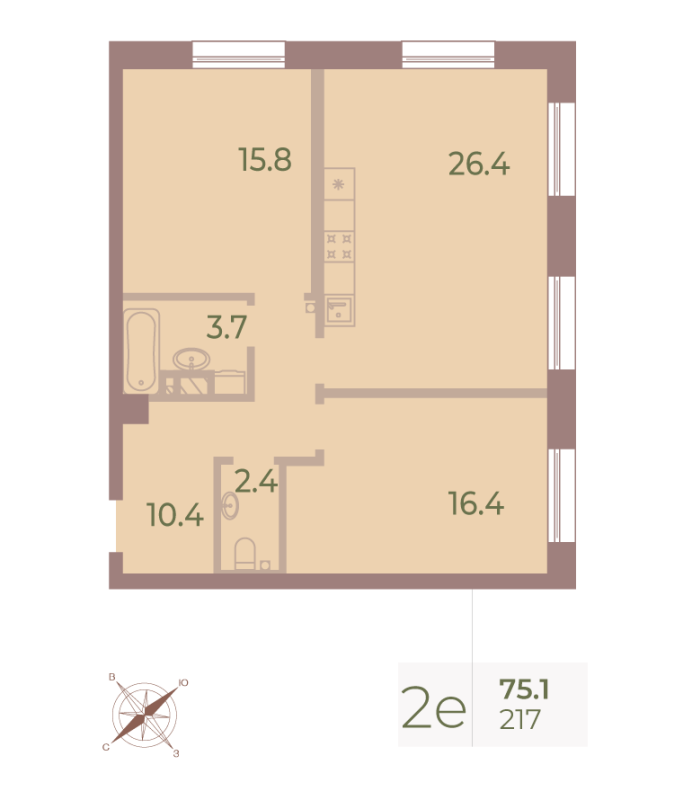 2-комнатная (Евро) квартира, 75.1 м² - планировка, фото №1