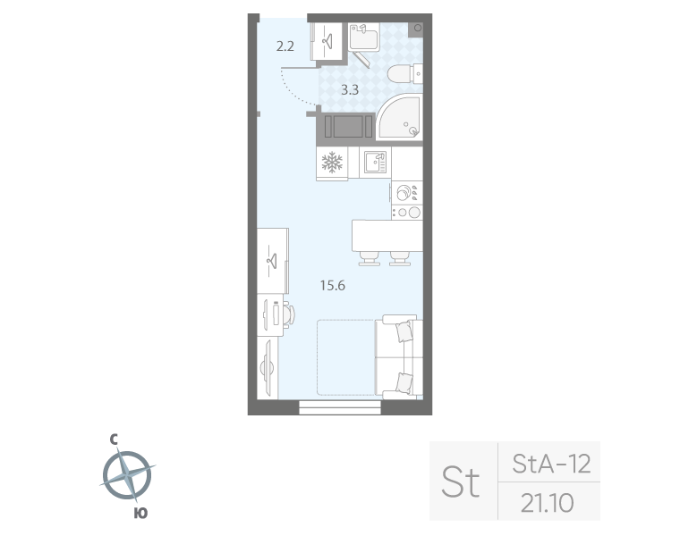 Квартира-студия, 21.1 м² в ЖК "Дыбенко Парк" - планировка, фото №1