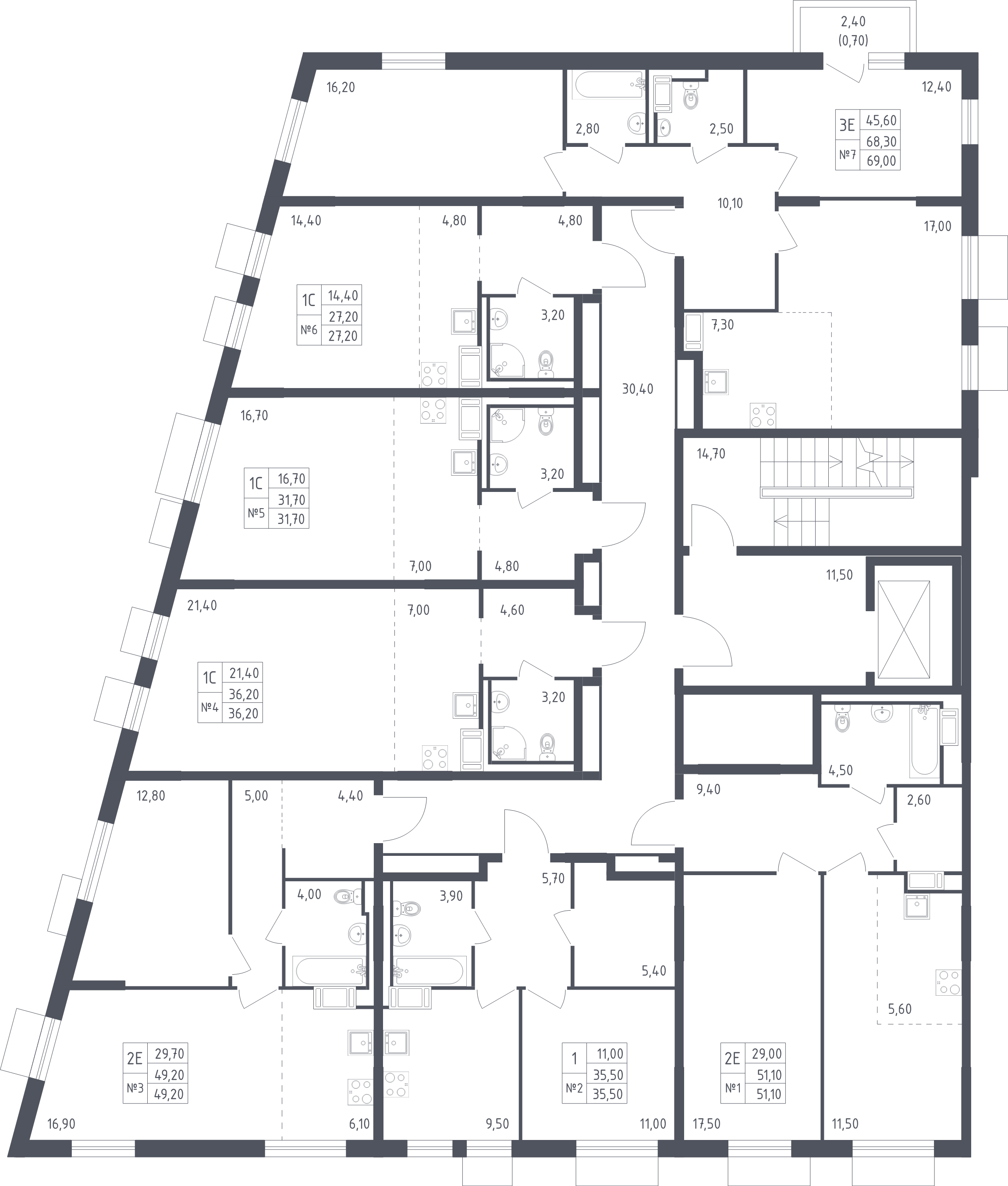 2-комнатная (Евро) квартира, 51.1 м² - планировка этажа