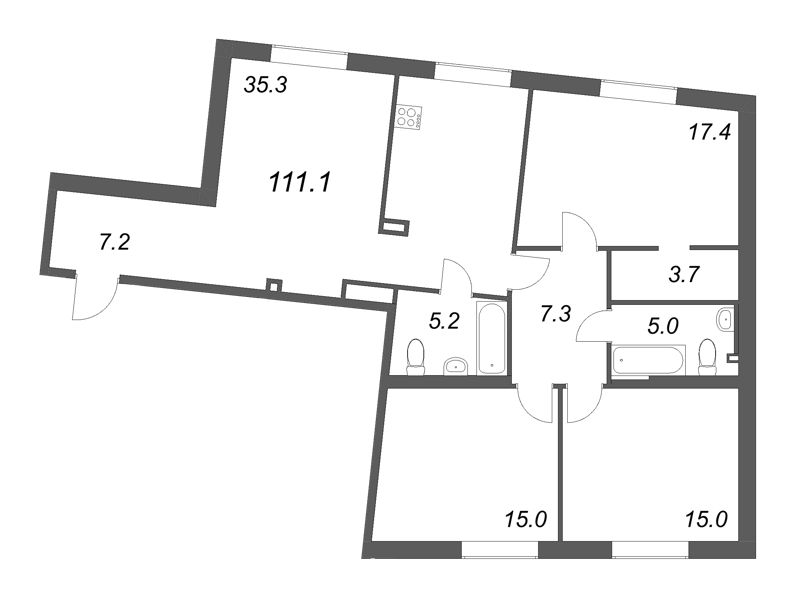 4-комнатная (Евро) квартира, 111.2 м² в ЖК "Визионер" - планировка, фото №1