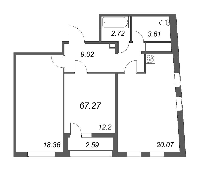 3-комнатная (Евро) квартира, 67.27 м² - планировка, фото №1