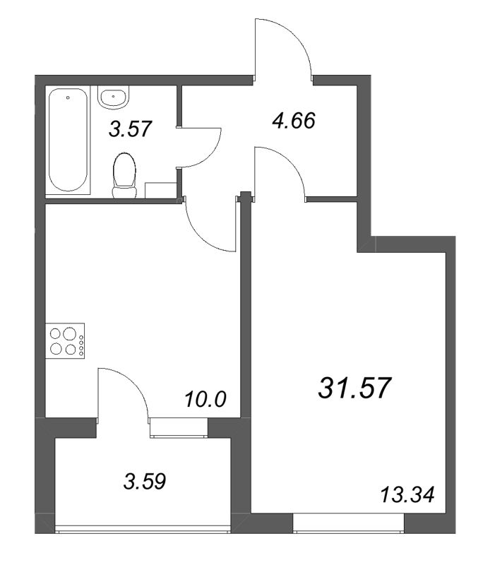 1-комнатная квартира, 31.57 м² в ЖК "Любоград" - планировка, фото №1