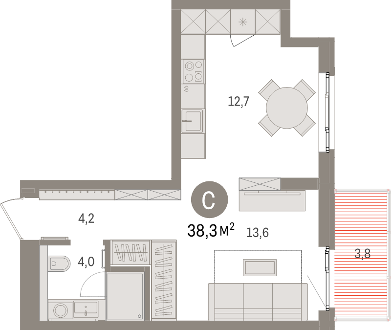 Квартира-студия, 38.3 м² в ЖК "Брусника в Новоселье" - планировка, фото №1
