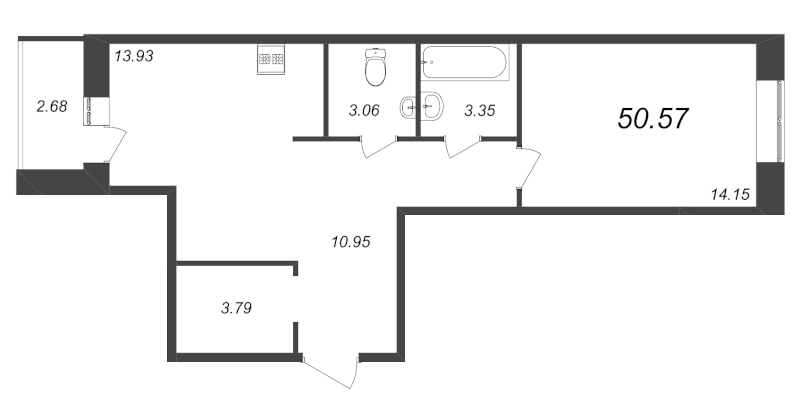 1-комнатная квартира, 50.57 м² - планировка, фото №1