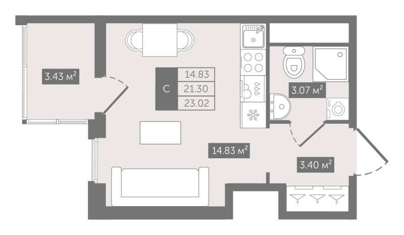 Квартира-студия, 23.02 м² - планировка, фото №1