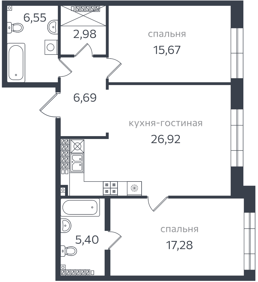3-комнатная (Евро) квартира, 84.3 м² в ЖК "Петровская коса" - планировка, фото №1