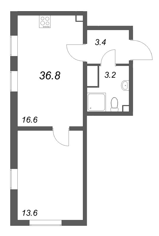 2-комнатная (Евро) квартира, 36.8 м² в ЖК "Октябрьская набережная" - планировка, фото №1