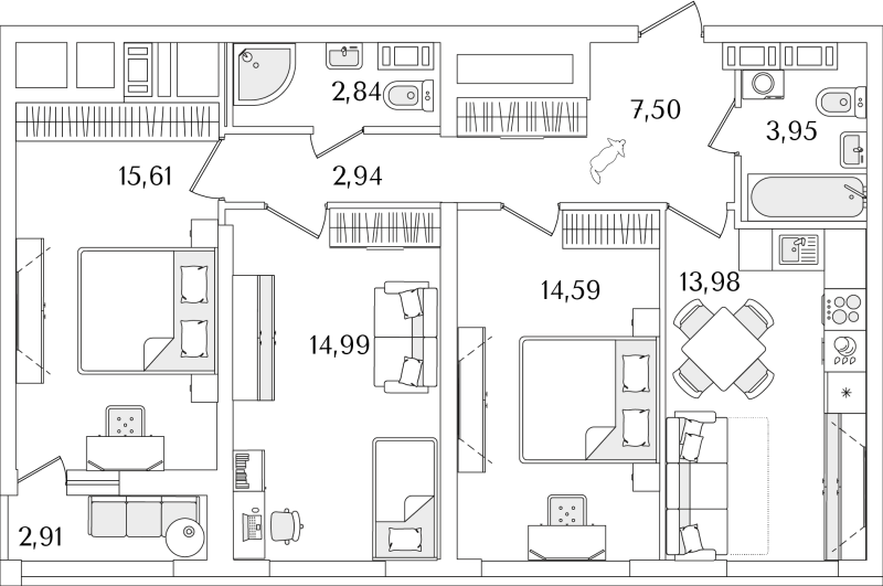 3-комнатная квартира, 77.86 м² в ЖК "Лайнеръ" - планировка, фото №1