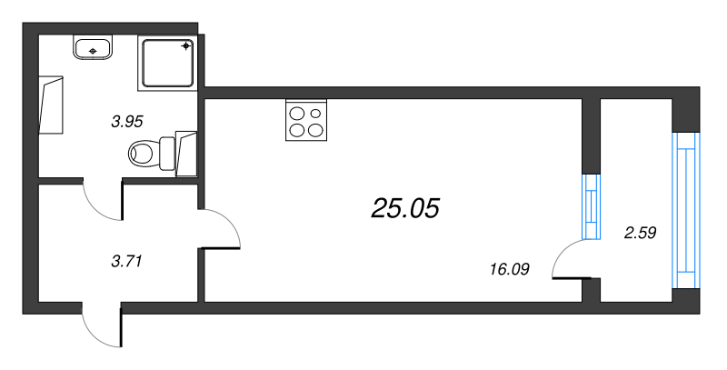 Квартира-студия, 25.05 м² в ЖК "БелАрт" - планировка, фото №1