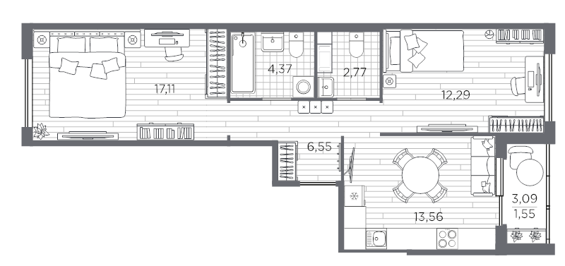 2-комнатная квартира, 58.2 м² в ЖК "PLUS Пулковский" - планировка, фото №1