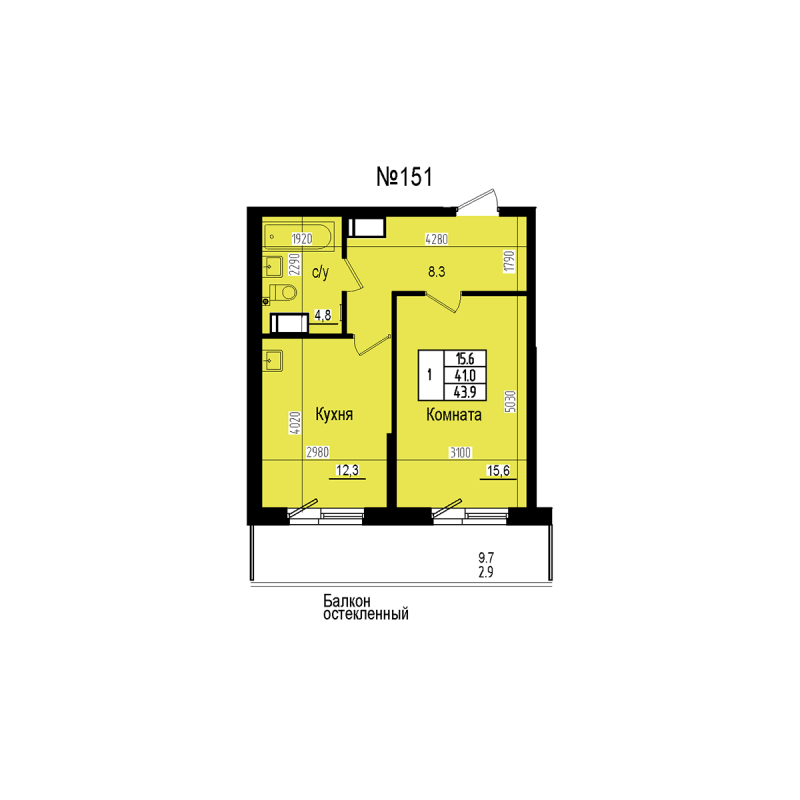 1-комнатная квартира, 43.9 м² в ЖК "ПРАГМА СИТИ" - планировка, фото №1