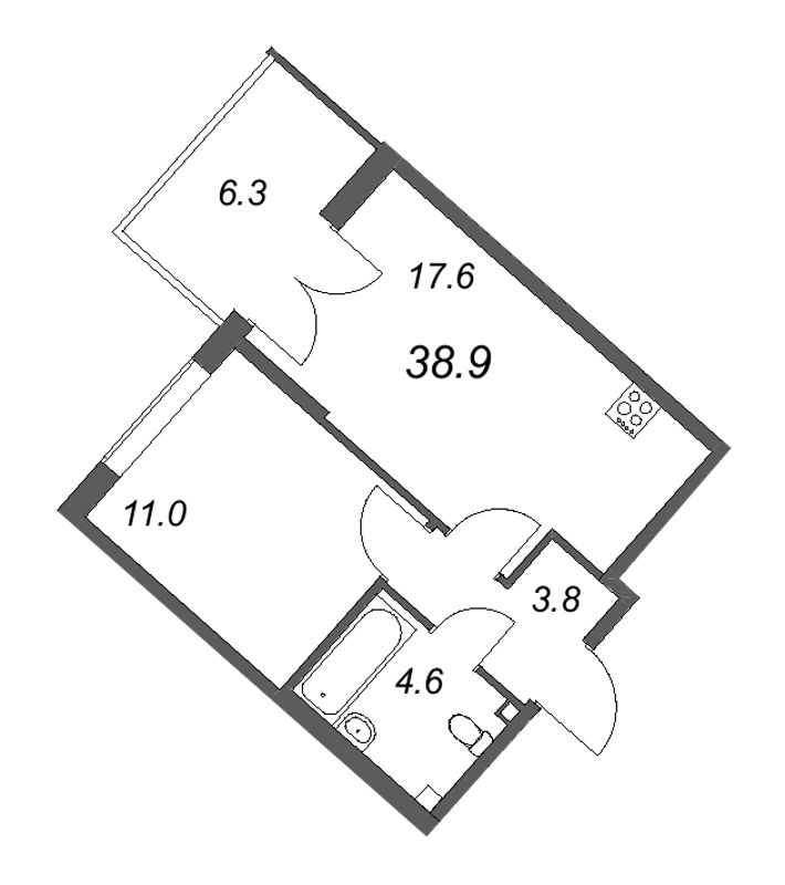 2-комнатная (Евро) квартира, 38.9 м² в ЖК "Пулковский дом" - планировка, фото №1