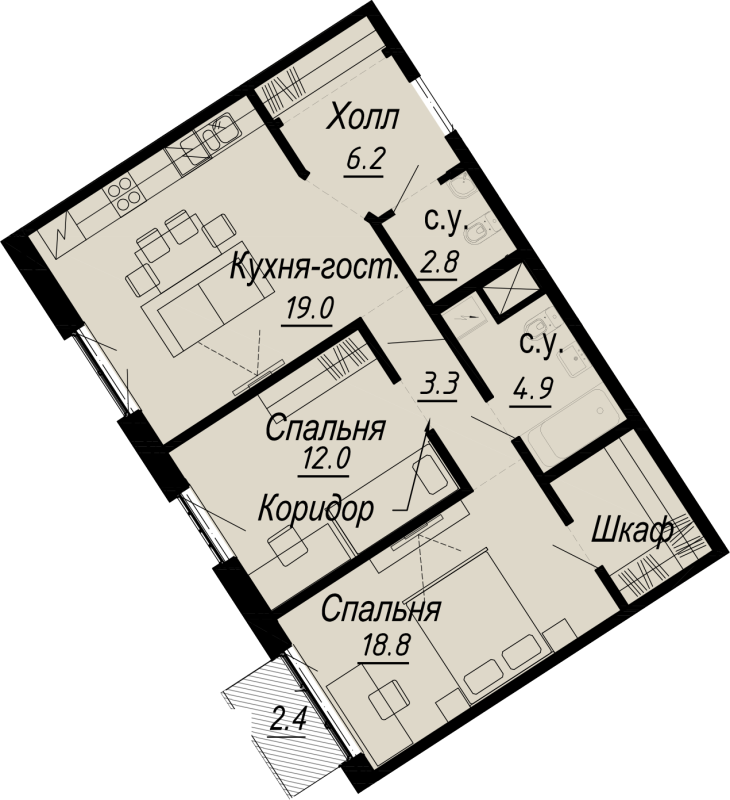 3-комнатная (Евро) квартира, 68.2 м² - планировка, фото №1