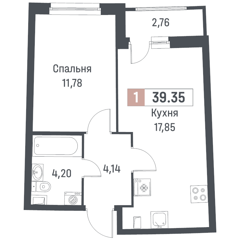 2-комнатная (Евро) квартира, 39.35 м² - планировка, фото №1