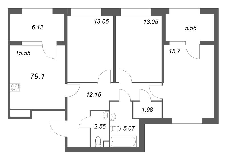 4-комнатная (Евро) квартира, 79.1 м² в ЖК "Дом на Курской" - планировка, фото №1