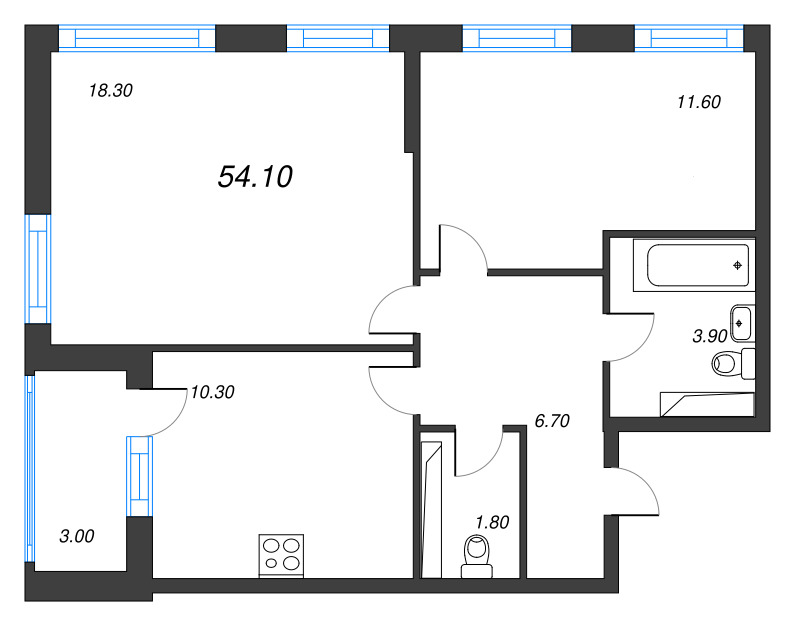 2-комнатная квартира, 54.1 м² - планировка, фото №1