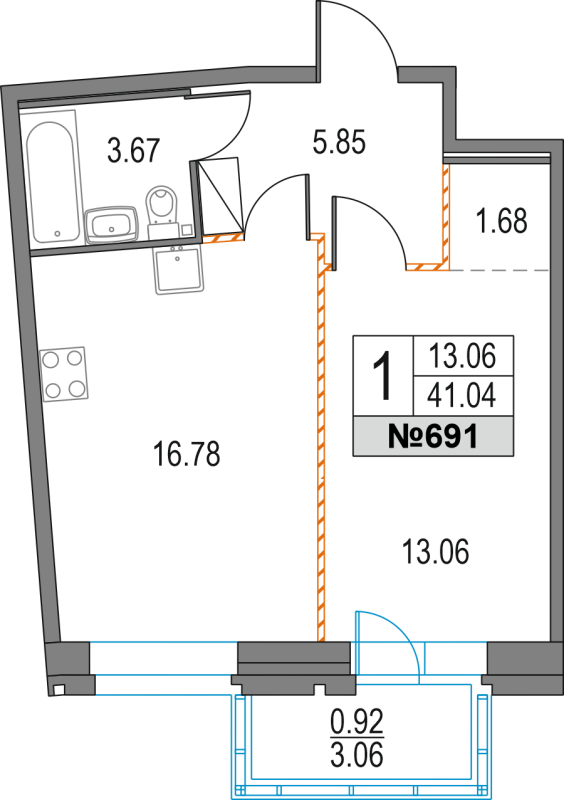 1-комнатная квартира, 41.04 м² - планировка, фото №1