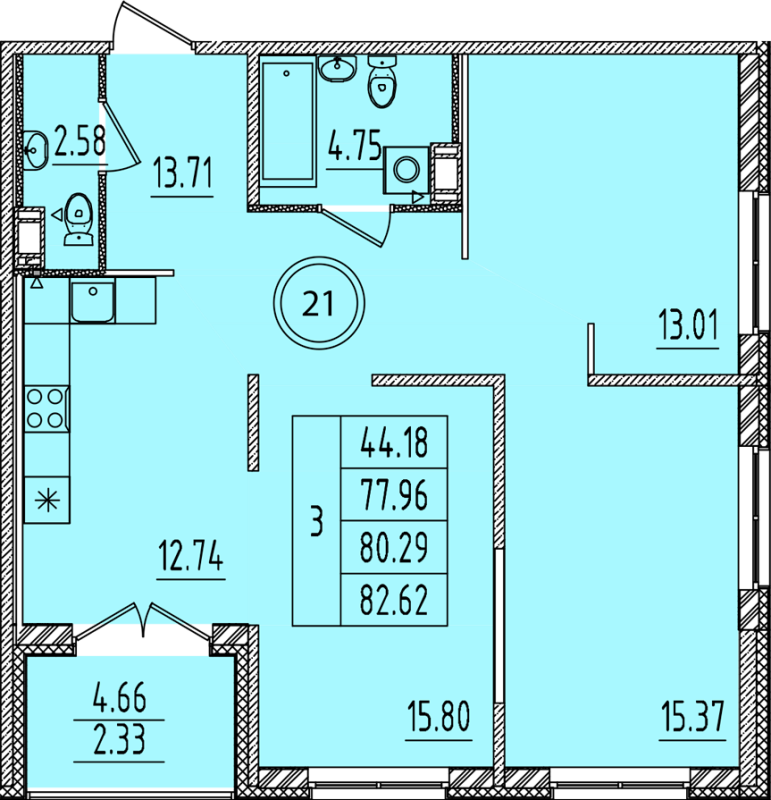 3-комнатная квартира, 77.96 м² - планировка, фото №1