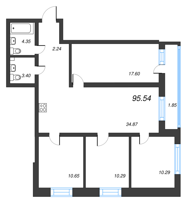 5-комнатная (Евро) квартира, 95.54 м² - планировка, фото №1
