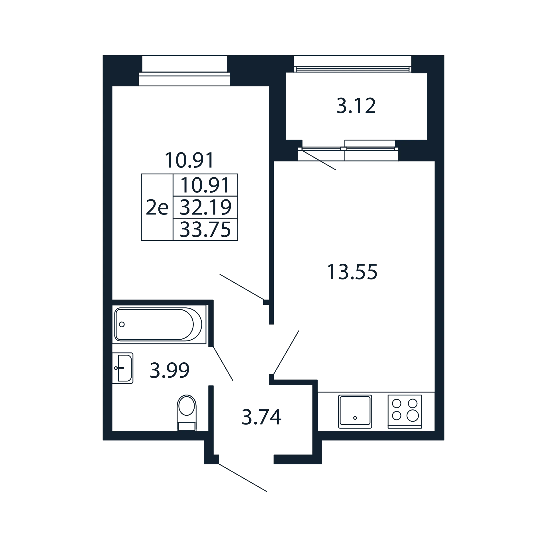 1-комнатная квартира, 32.19 м² - планировка, фото №1