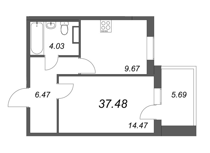 1-комнатная квартира, 34.64 м² - планировка, фото №1