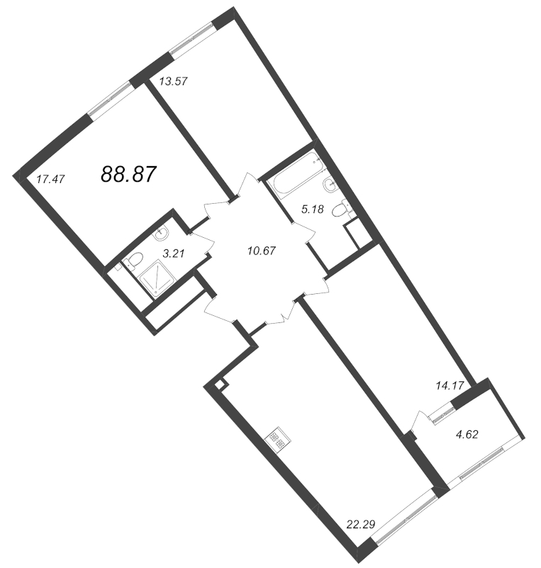 3-комнатная (Евро) квартира, 88.87 м² - планировка, фото №1