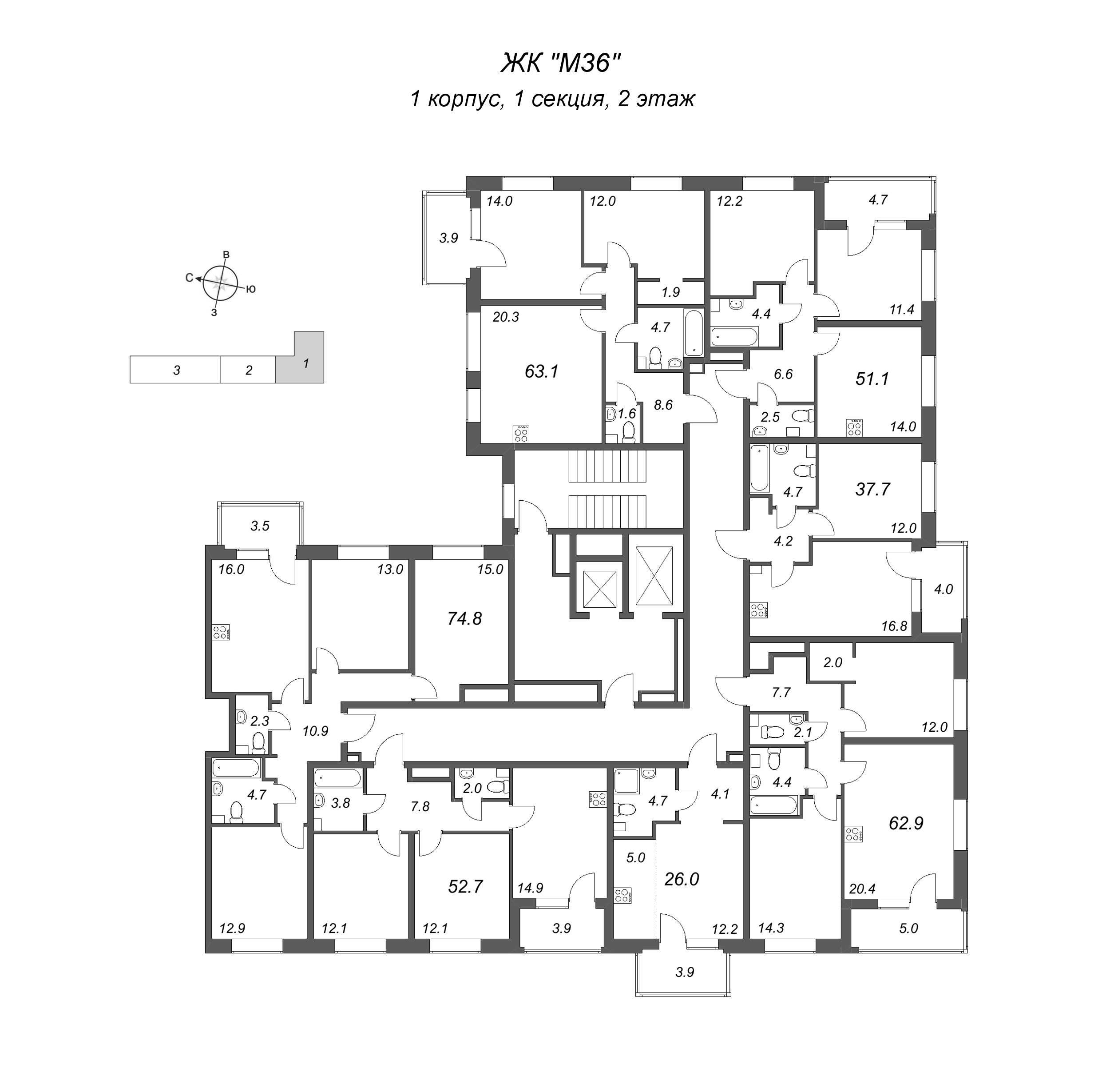 Квартира-студия, 26 м² в ЖК "М36" - планировка этажа