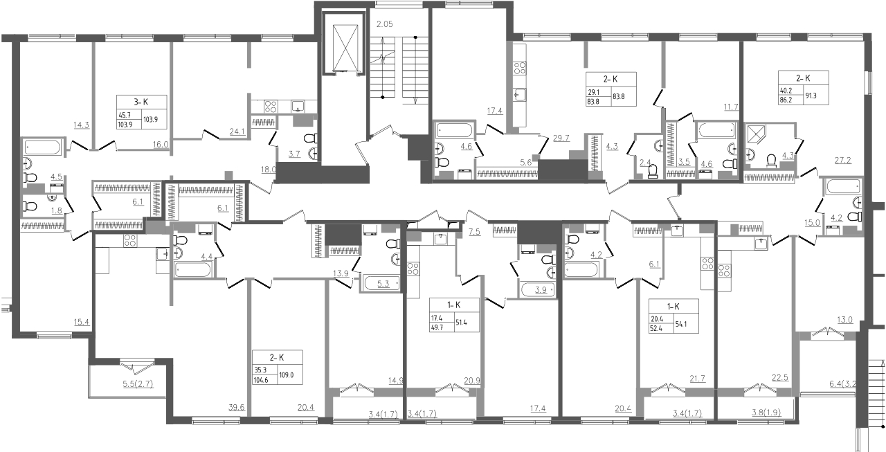 2-комнатная (Евро) квартира, 51.4 м² - планировка этажа