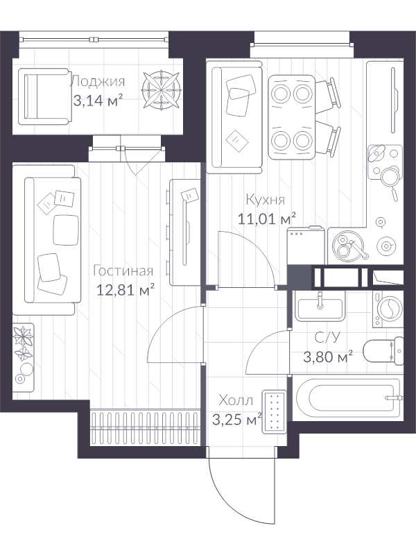 1-комнатная квартира, 33.1 м² - планировка, фото №1