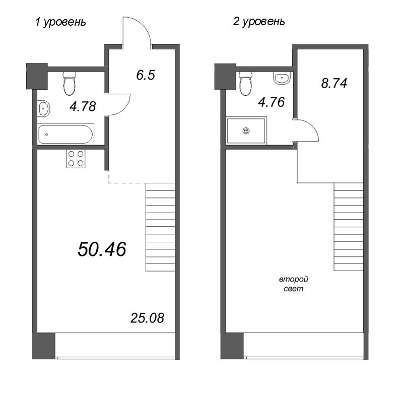2-комнатная (Евро) квартира, 52.47 м² в ЖК "Avant" - планировка, фото №1