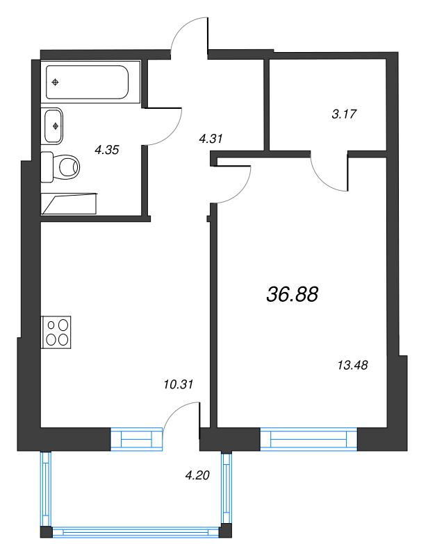 1-комнатная квартира, 39.82 м² - планировка, фото №1