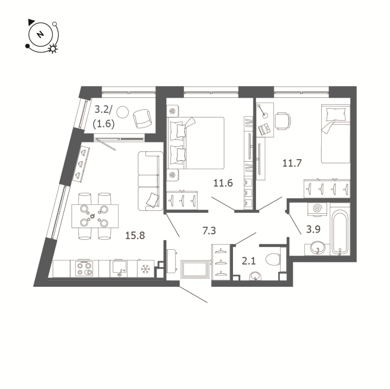 3-комнатная (Евро) квартира, 54 м² - планировка, фото №1