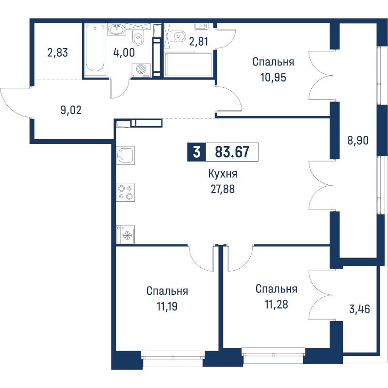4-комнатная (Евро) квартира, 83.67 м² в ЖК "Символист" - планировка, фото №1