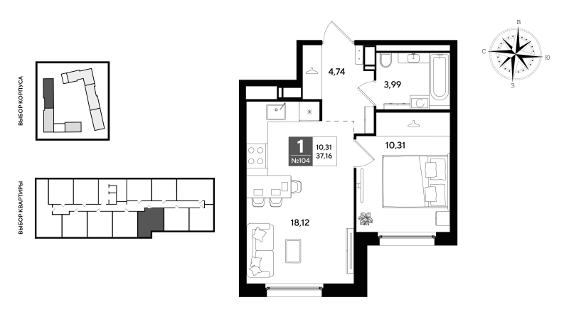 2-комнатная (Евро) квартира, 37.16 м² в ЖК "Догма Юкки 2" - планировка, фото №1