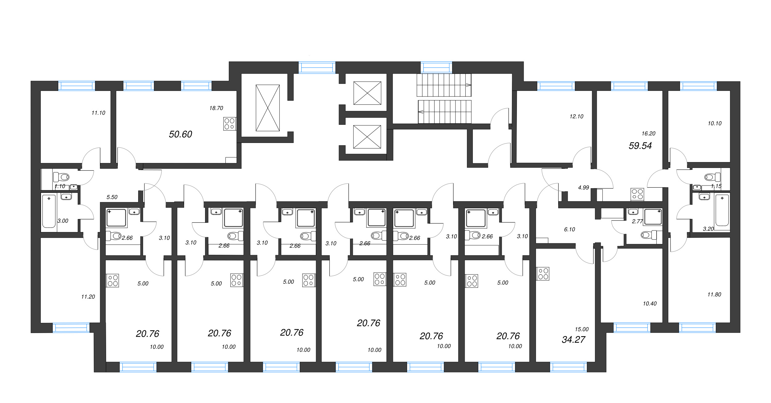 3-комнатная (Евро) квартира, 50.6 м² в ЖК "Ручьи" - планировка этажа