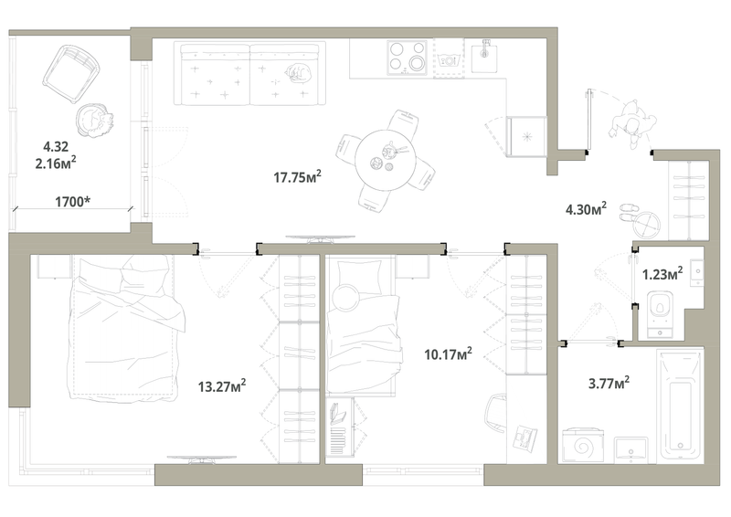 3-комнатная (Евро) квартира, 52.65 м² в ЖК "Тишин" - планировка, фото №1