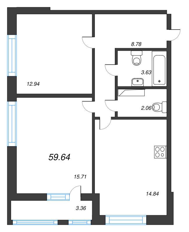 2-комнатная квартира, 59.64 м² - планировка, фото №1
