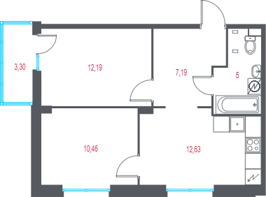 2-комнатная квартира, 48.46 м² в ЖК "Город-спутник Южный" - планировка, фото №1