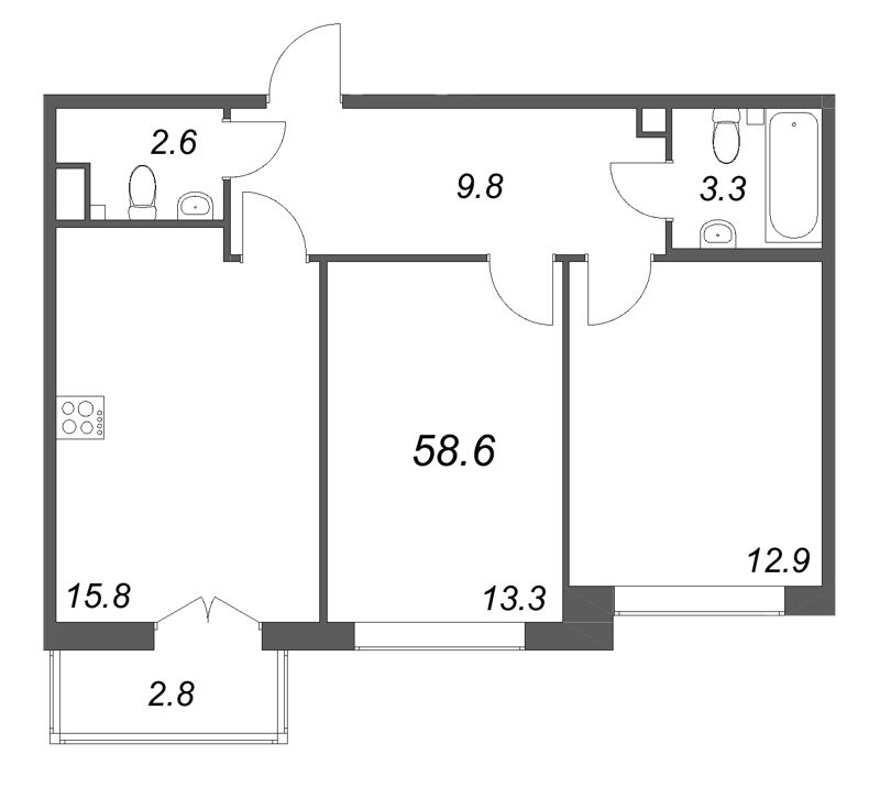 3-комнатная (Евро) квартира, 58.6 м² в ЖК "Кронунг ЮГ" - планировка, фото №1