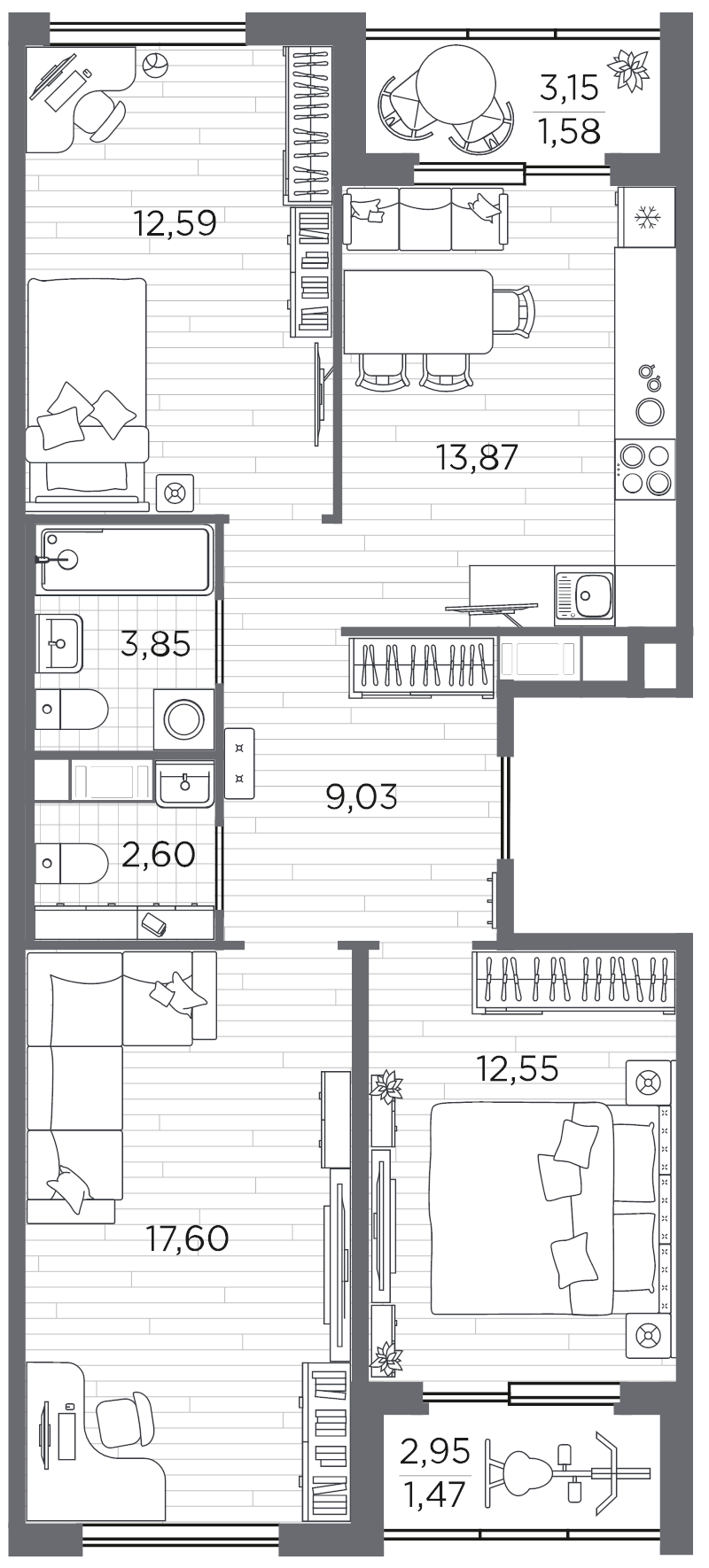 3-комнатная квартира, 75.14 м² в ЖК "PLUS Пулковский" - планировка, фото №1