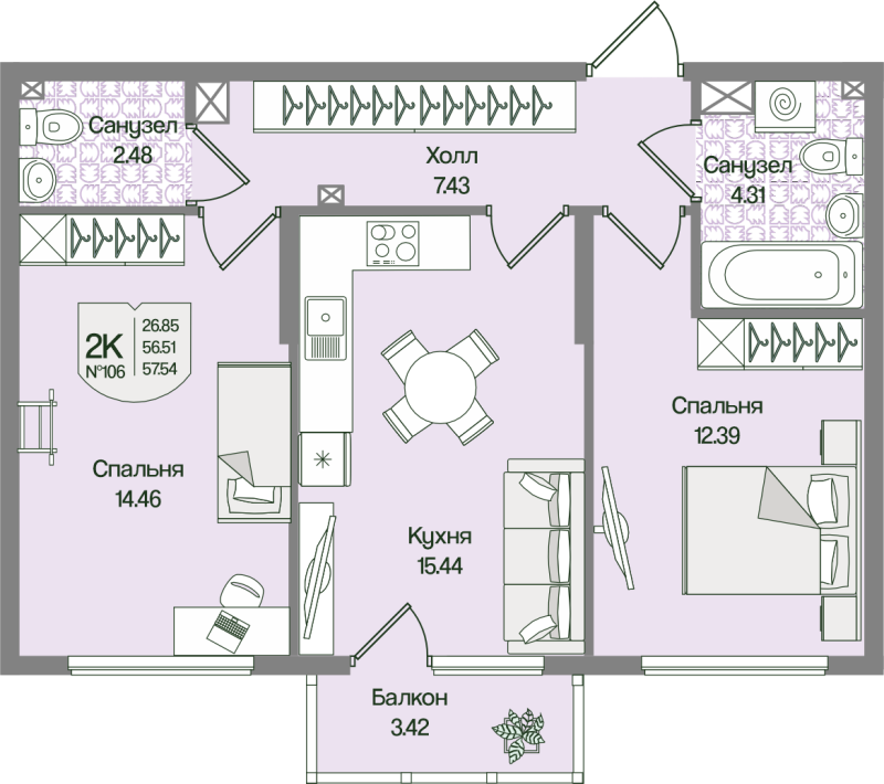 3-комнатная (Евро) квартира, 57.53 м² в ЖК "Охтинские высоты" - планировка, фото №1