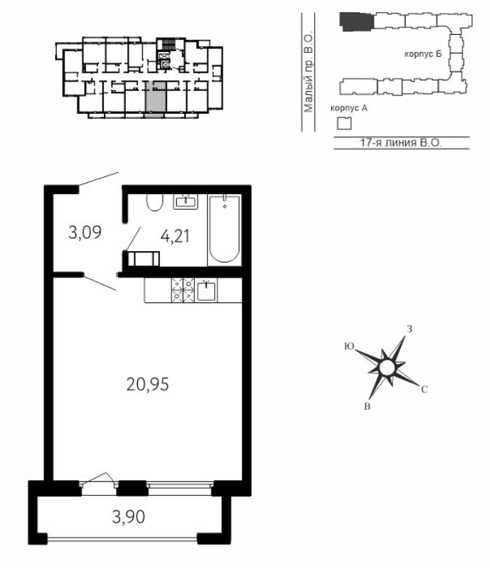 Квартира-студия, 29.42 м² в ЖК "17-я линия" - планировка, фото №1