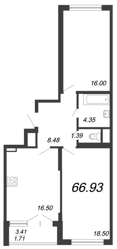 3-комнатная (Евро) квартира, 67.8 м² - планировка, фото №1