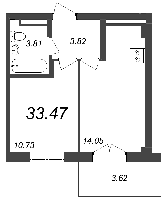 1-комнатная квартира, 33.47 м² - планировка, фото №1