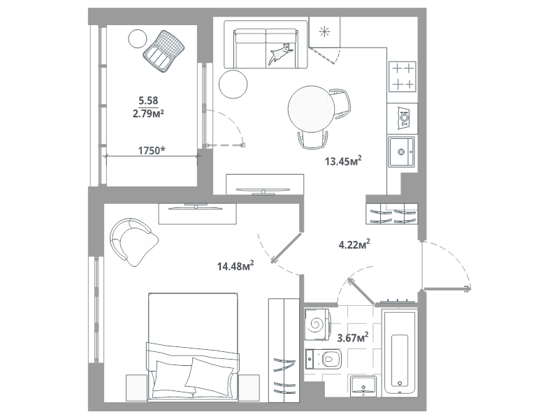 1-комнатная квартира, 38.61 м² в ЖК "ЛесАрт" - планировка, фото №1