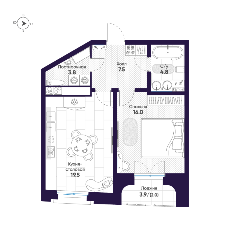 2-комнатная (Евро) квартира, 53.6 м² в ЖК "Mariinka Deluxe" - планировка, фото №1