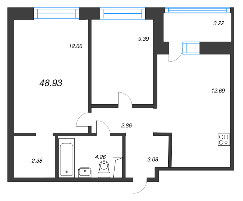 2-комнатная квартира, 48.93 м² в ЖК "Уютный" - планировка, фото №1