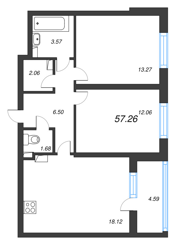 3-комнатная (Евро) квартира, 57.26 м² в ЖК "Любоград" - планировка, фото №1