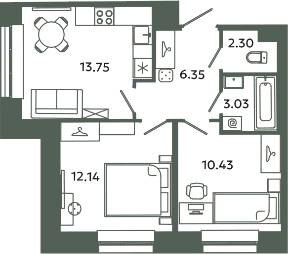 2-комнатная квартира, 48 м² в ЖК "Загляденье" - планировка, фото №1